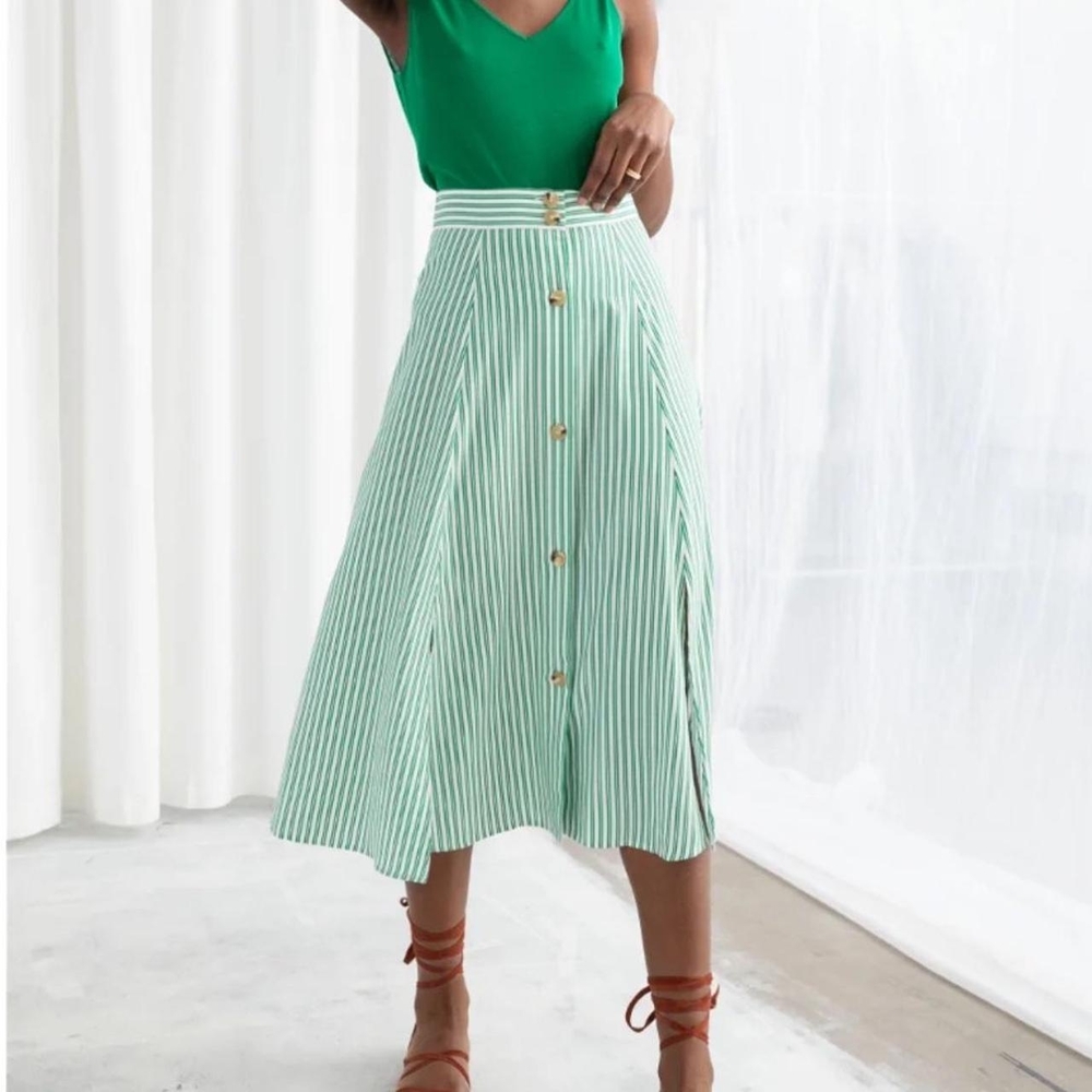 & Other Stories Green Striped A-Line Skirt